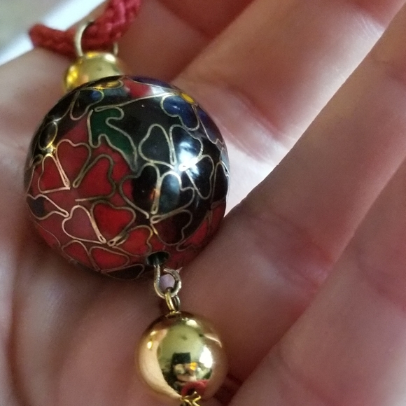 Vintage tassel necklace cloisonne bead red gold tone long cord - Picture 8 of 16